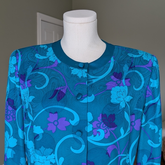 Vintage Adrianna Papell 100% Silk Teal Purple Floral Blouse Jacket Size 12 - Picture 4 of 16